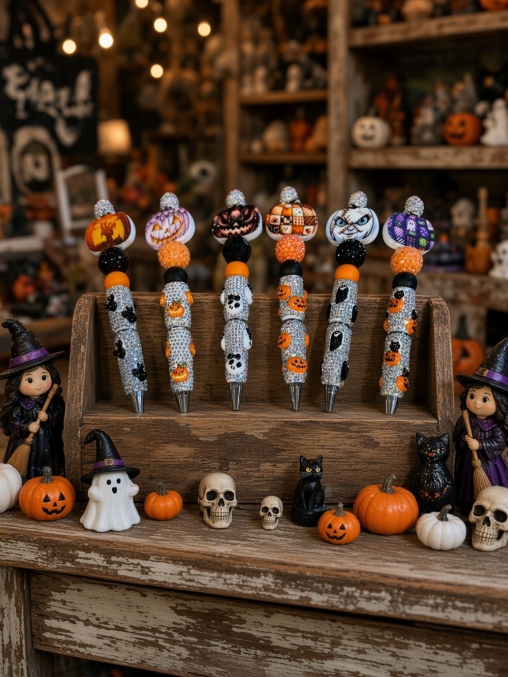 Handcrafted Halloween Decorative Sparkle Rhinestone Pens - Orange & Black- NWT
